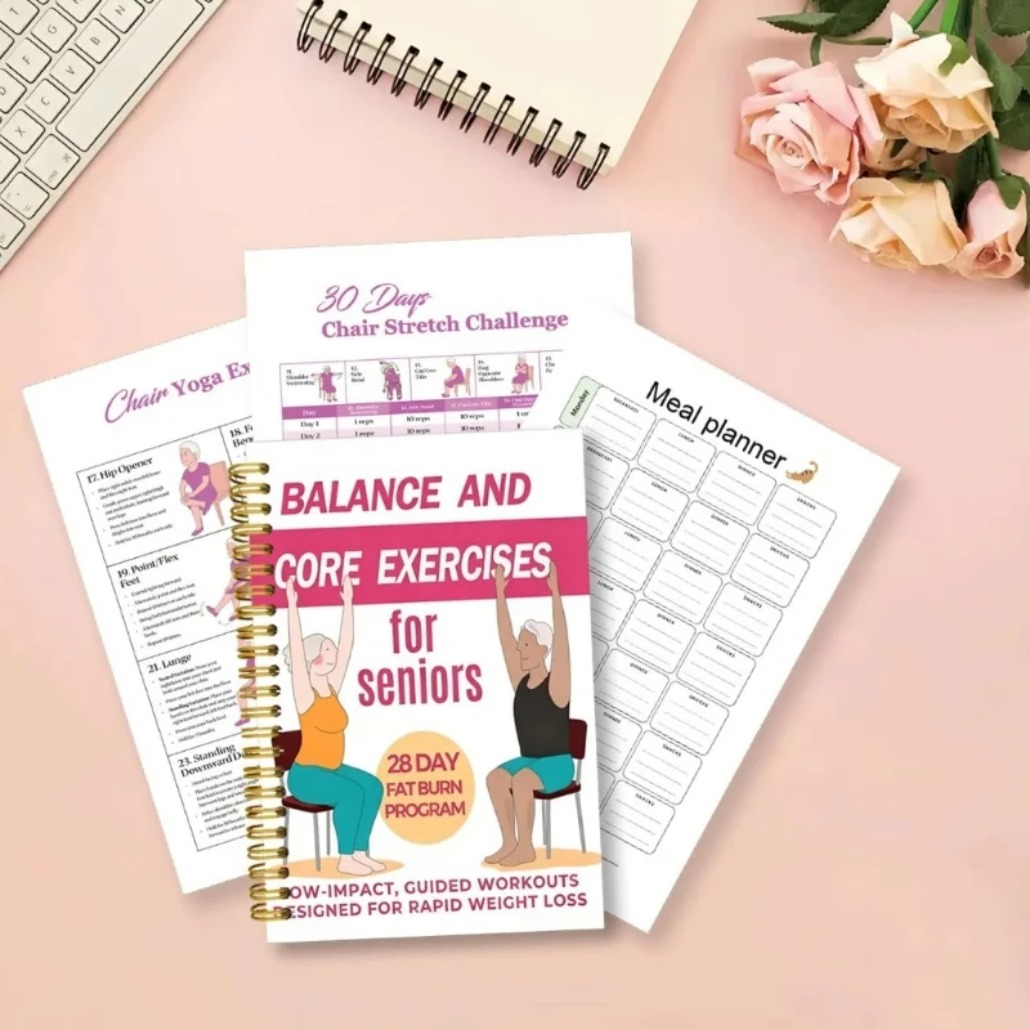 Fitness Journal Planner - สมุดบันทึกการออกกำลังกายโยคะสำหรับผู้สูงอายุ 50 หน้า คู่มือโยคะแบบนั่ง สมุดวางแผนการออกกำลังกายเพื่อความยืดหยุ่นและการฝึกสมดุล